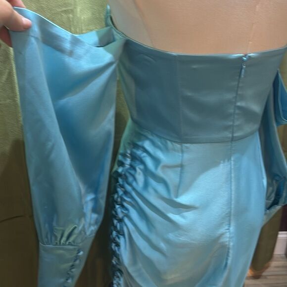 Retrofete silk Elegant Blue Off-Shoulder Dress, S - Picture 12 of 15
